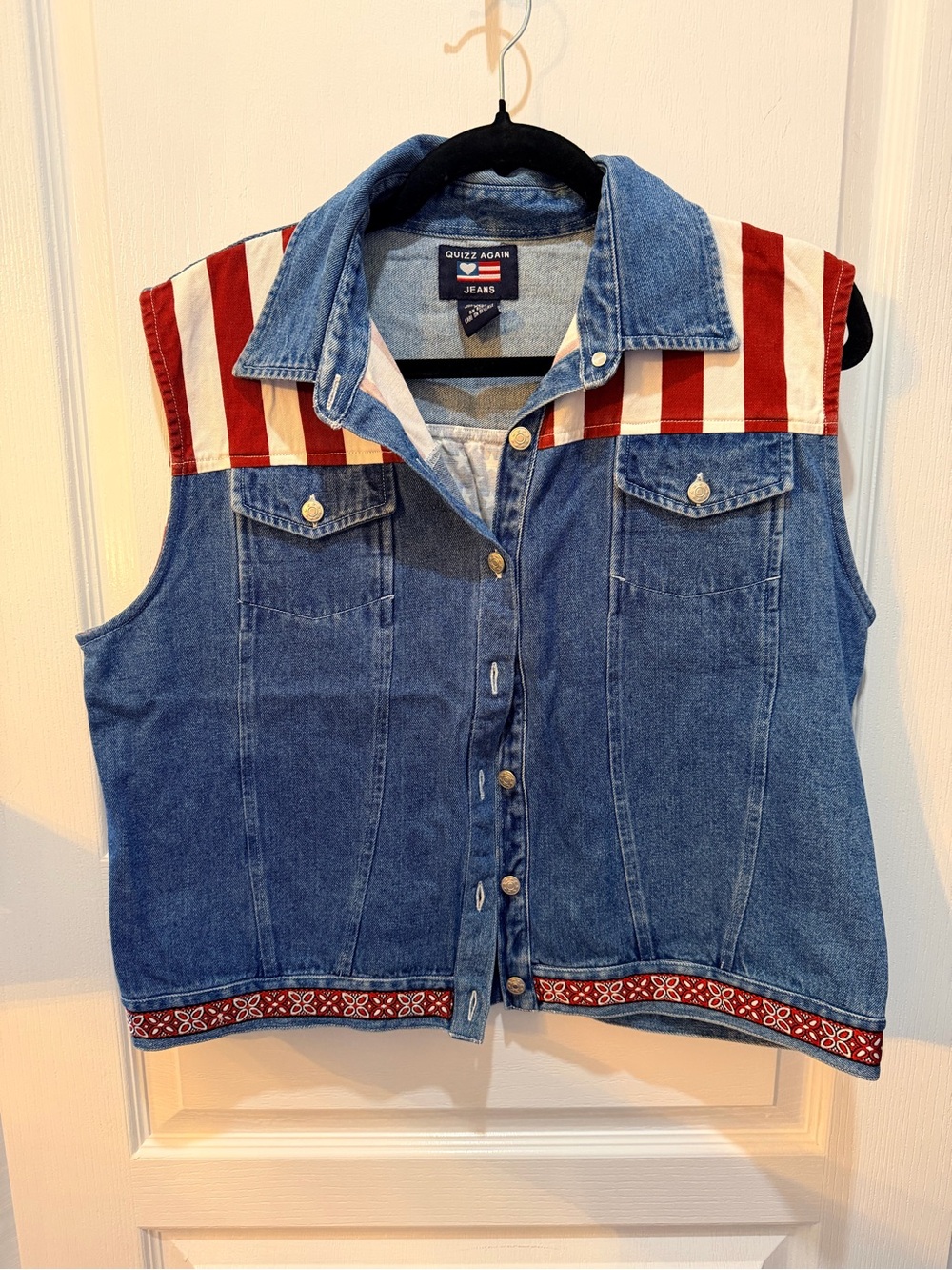 Vintage Unisex Denim Vest with Red & White Stripe Yoke and Blue and White Stars
